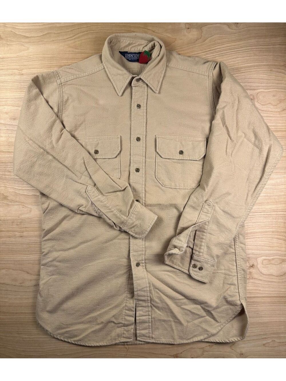 Vintage 80s Lands End Flannel button up Shirt medium 100% cotton made in usa tan